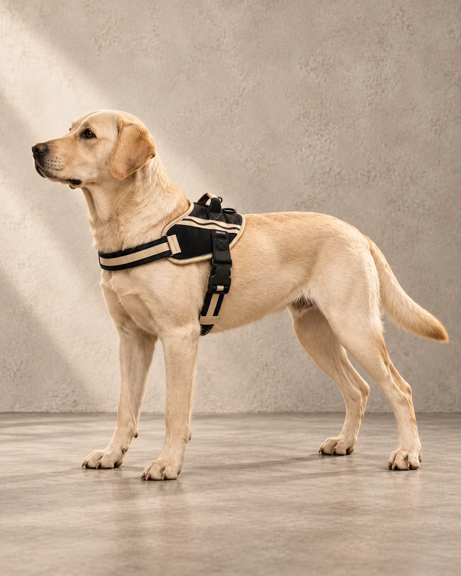 A labrador in the Concrete harness.