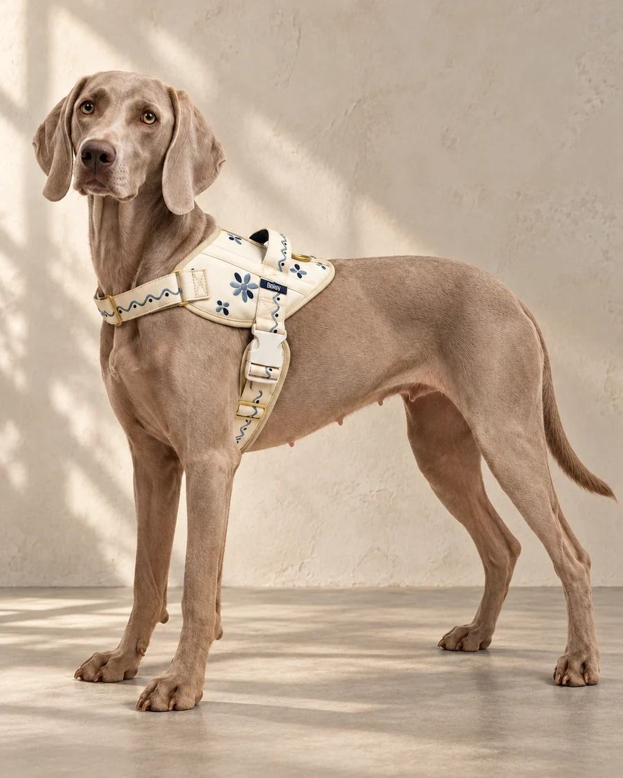 A weimaraner in the Mediterraneo harness.