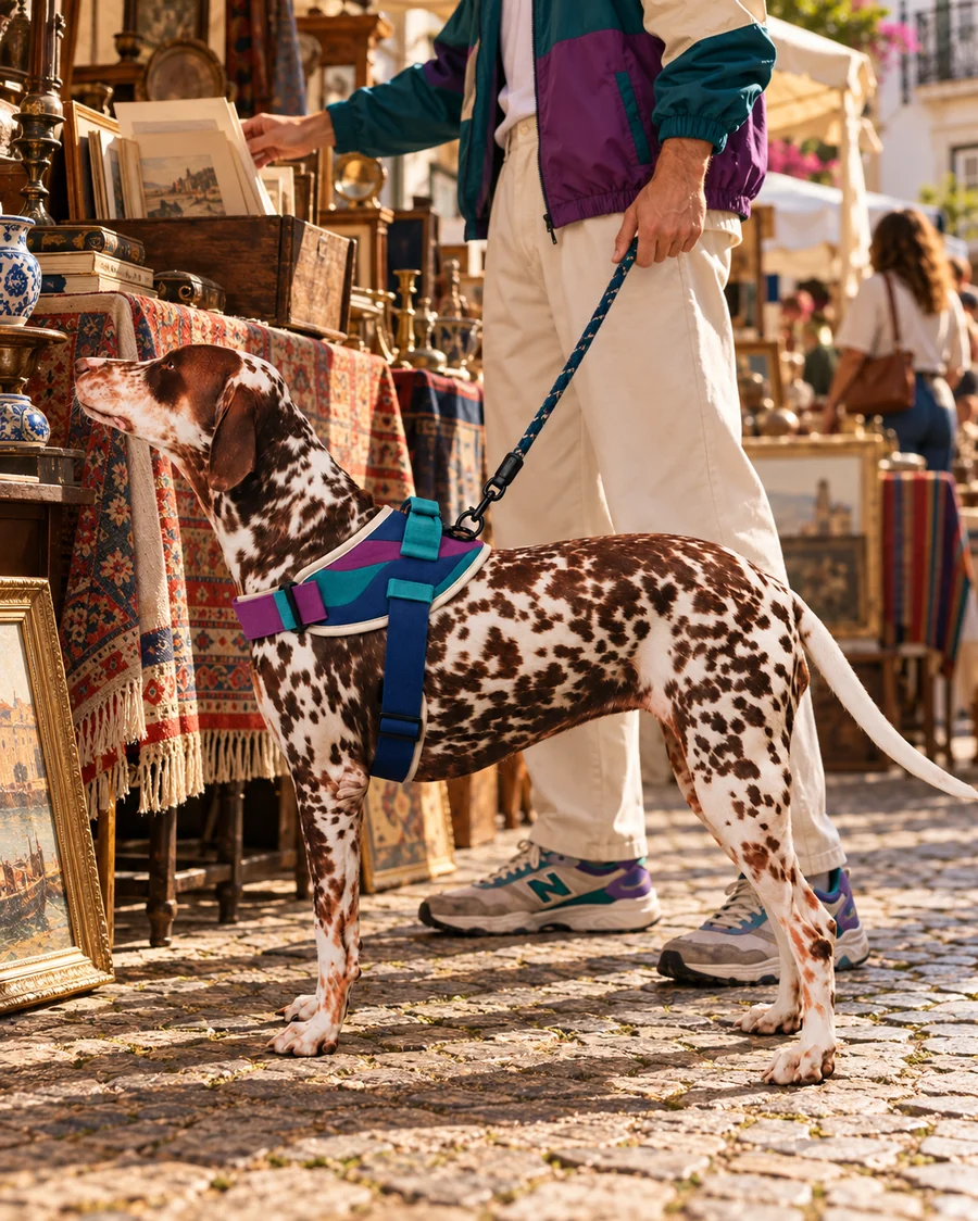 A pointer in the Feira harness at an open-air market.