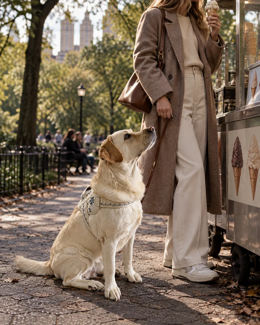 A labrador in the Mediterraneo harness beside an ice cream cart.